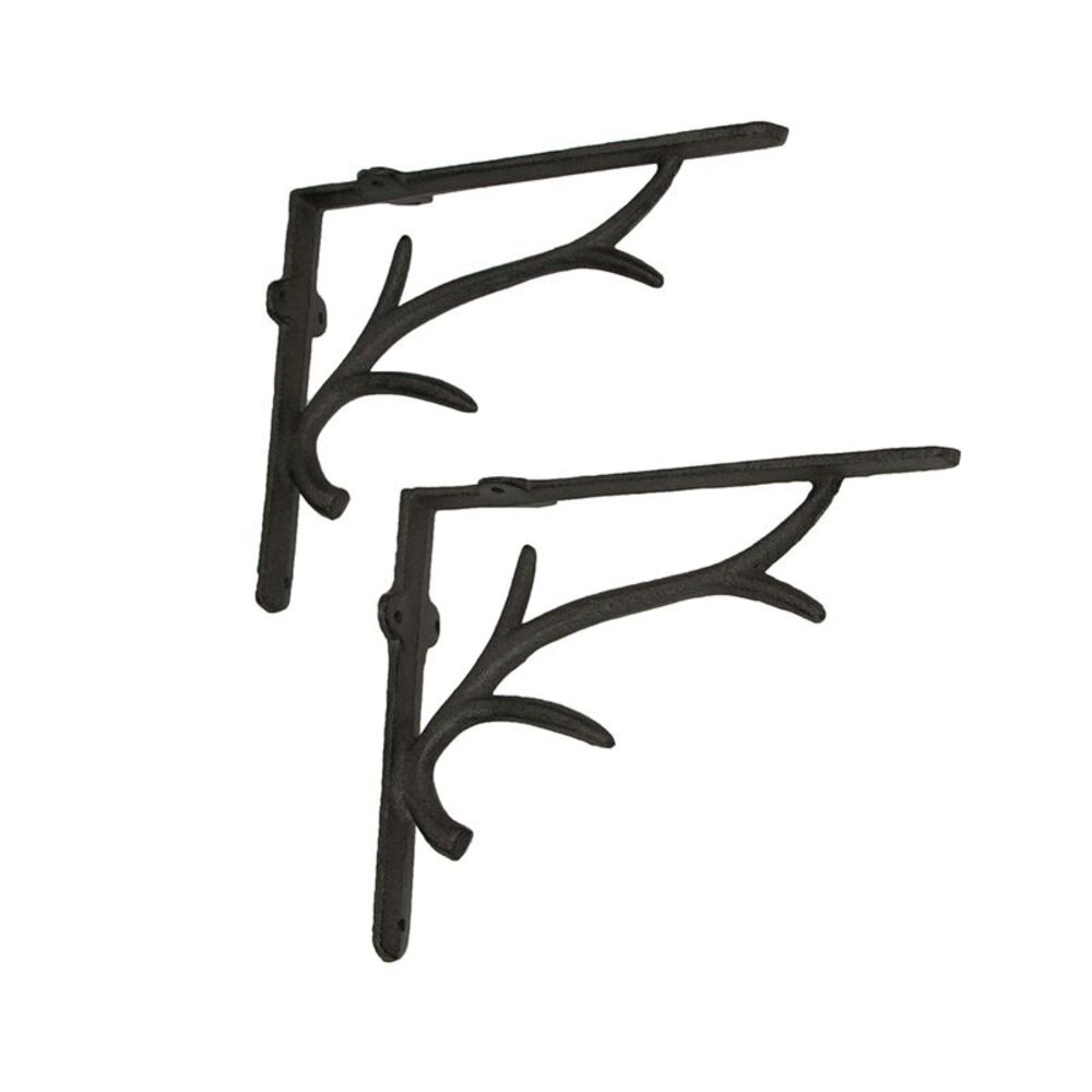 Zeckos - Brown Cast Iron Deer Antler Wall Shelf Brackets Set of 2 - Brown